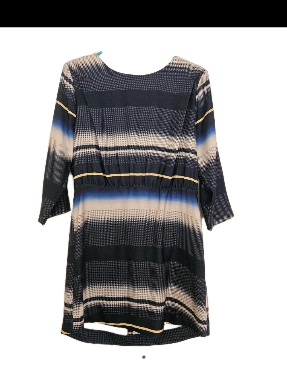 Striped Boat Neck Dress Size 12 Blue Black Tan 3/4 Sleeve Midi